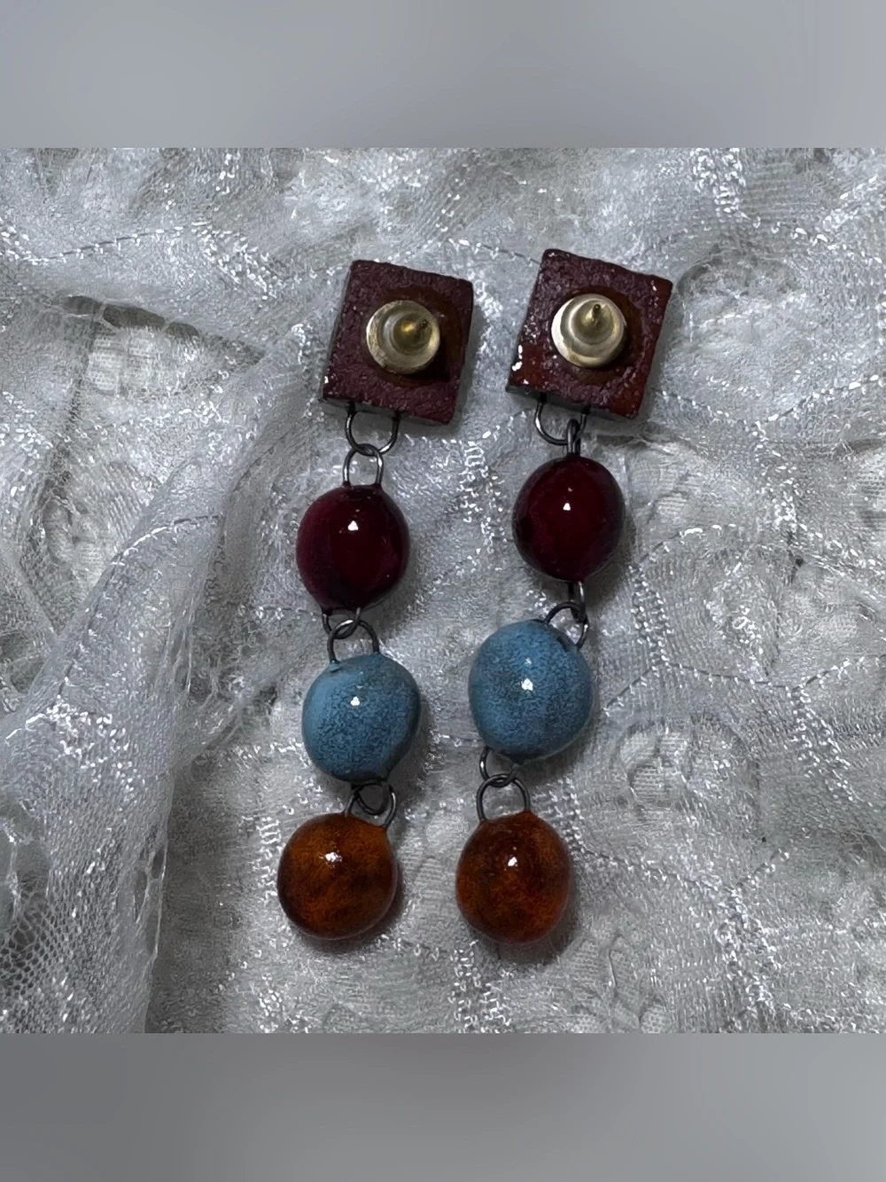 Vintage Artisan Enamel Bead Dangle Earrings Colorful Modernist Boho Pierced